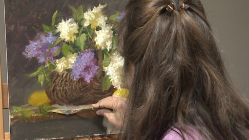 Elizabeth Robbins oil painting still life lilacs and lemons