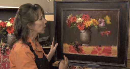 Elizabeth Robbins dahlias and silver oil painting